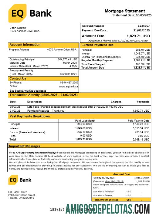 Extrato de hipoteca do USA Ontario EQ Bank em formatos Word e PDF modelo